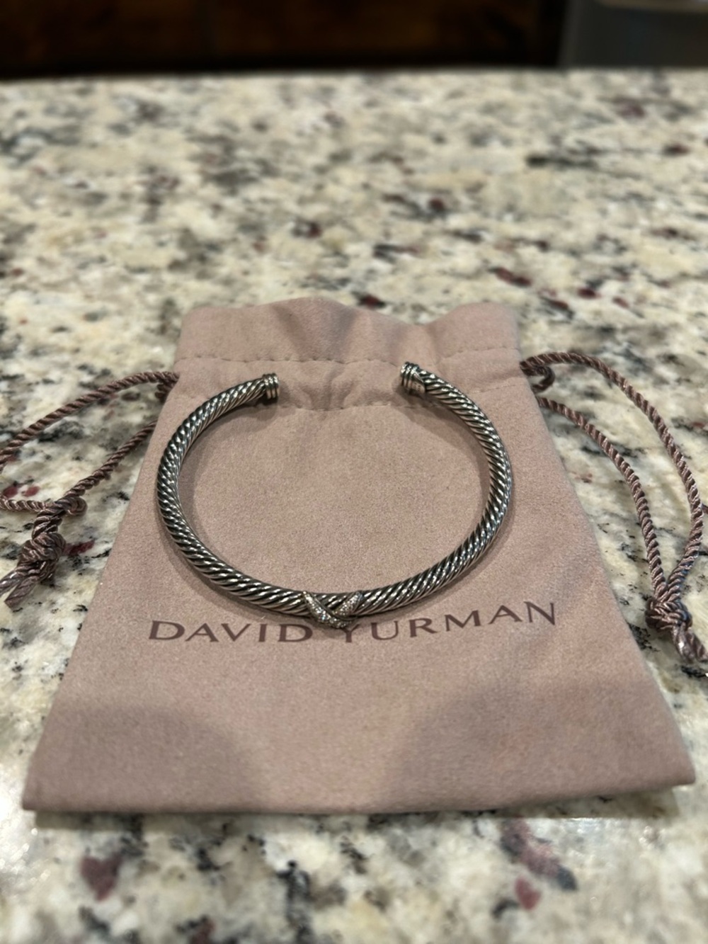 David Yurman Silver Twisted Cable Bracelet with Signature Motif
